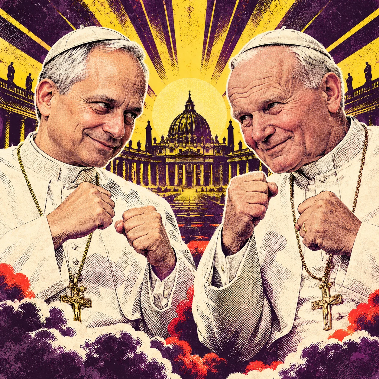 Satyryczna, rysunkowa ilustracja Leona XIV i Jana Pawła II stojących naprzeciw siebie jak na plakacie pojedynku.